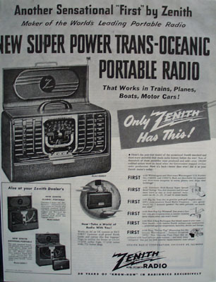 Zenith Radio Trans Oceanic Portable Radio Ad 1946