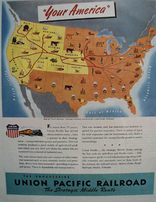 Union Pacific RR Map Of United States Ad 1945