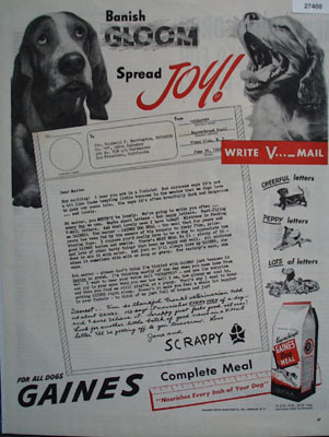 Gaines Banish Gloom Spread Joy Ad 1945
