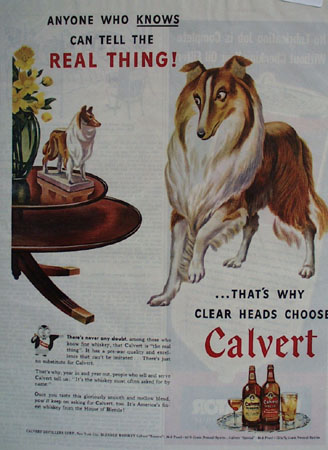 Calvert Whiskey And Dog Looking At Statue Ad 1954