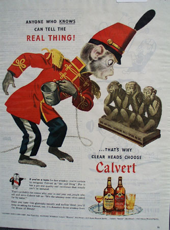 Calvert Whiskey And Monkey Looking At Monkey Ad 1945