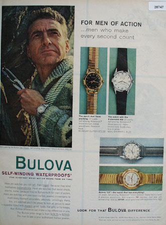 Bulova 1959 Color Ad shows man wearing Bulova Sea Clipper