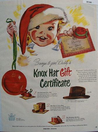 Knox Hat Gift Certificate Christmas Ad 1950