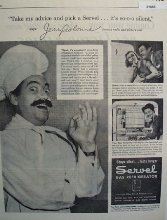 Servel Gas Refrigerator Jerry Colonna 1945 Ad
