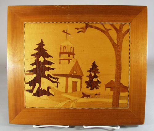Vintage Wood Inlay Picture Church, Sled and snow scene