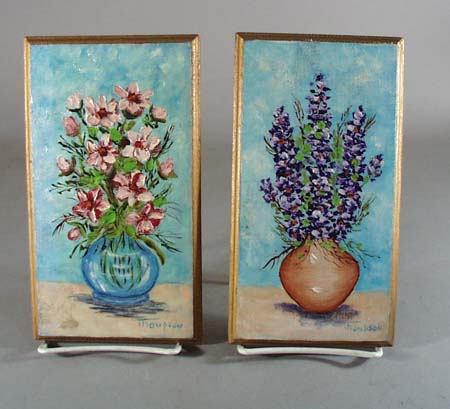 Pr of small Floral Oil Paintings, Blue