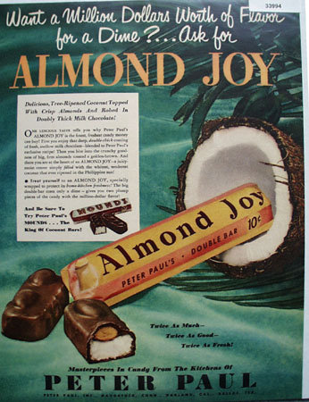 Peter Paul Inc. Almond Joy Candy 1950 Ad