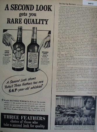 Three Feathers Blended Whiskey 1949 Ad