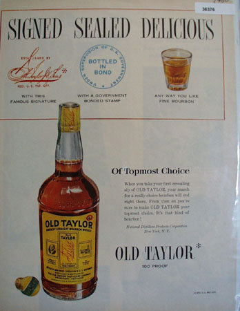 Old Taylor 100 Proof Whiskey 1950 Ad.