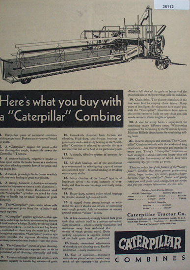 Caterpillar Combines 1930 Ad