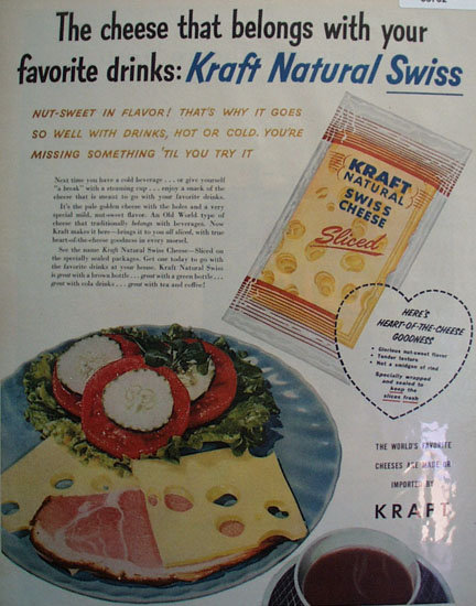 Kraft Natural Swiss Cheese Sliced 1956 Ad
