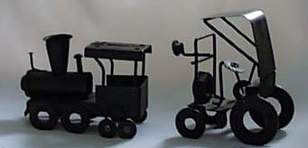 Car & train made of misc garage items