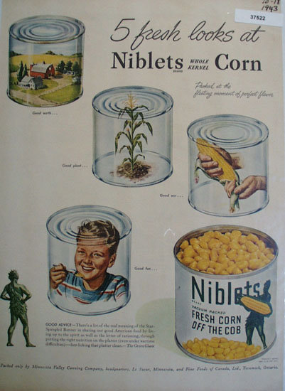 Niblets Whole Kernel Corn 1943 Ad