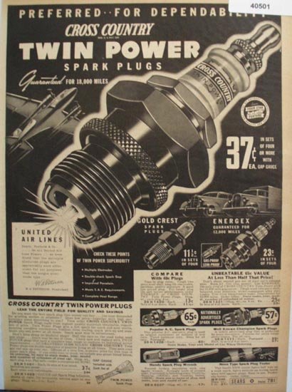 Sears Cross Country Sparkplugs 1938 Ad