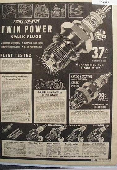 Sears Cross Country Spark Plugs 1938 Ad