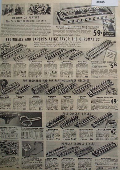 Sears Harmonicas, Ocarinas, Jews Harp 1938 Ad