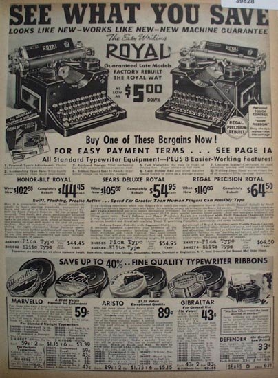 Sears Royal Typewriters And Ribbons 1938 Ad