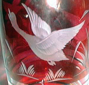 Cut glass goose cranberry flashed wine decanter.