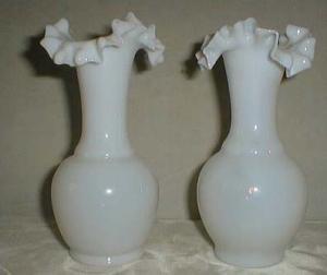 Bristol Glass Opalescent Vases with ruffled edge milk glass pair