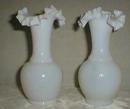 Bristol Glass Opalescent Vases with ruffled edge milk glass pair