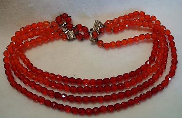Red Glass Four Strand Necklace