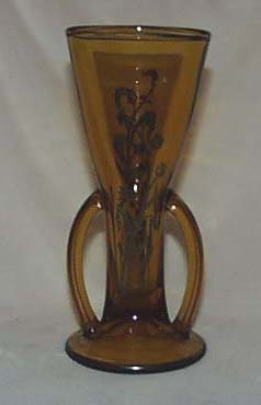 Double handled amber vase with silver flower
