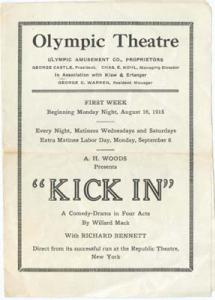 Olympic Theatre program of Kick In by Mack 1915