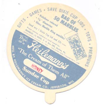 Dixie Cup lid, advertising marbles, Heilemann