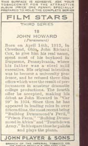 John Howard Film Star Tinted Card 1938