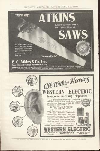 Atkins Saws Munsey's Magazine Pre 1900's Ad.