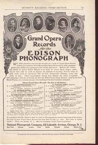 Grand Opera Records Phonograph Ad Around 1900