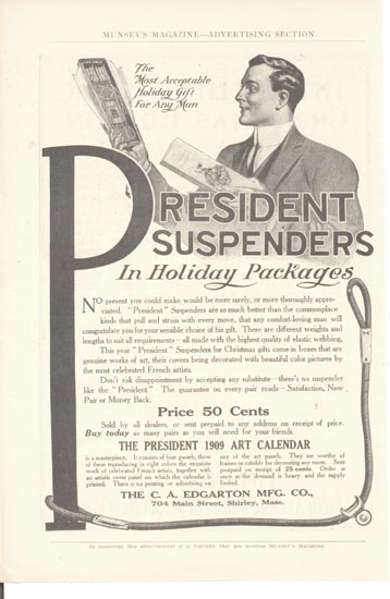 Edgarton Mfg Co. Suspender Ad. This is an ad