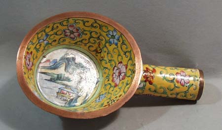 Enamel on copper hand painted scene on this scoop