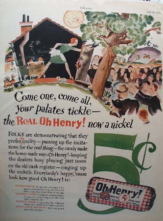 Oh Henry Candy Five Cents Ad 1928