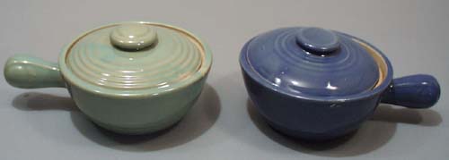 Pair of blue and green yelloware individual casserole bowls