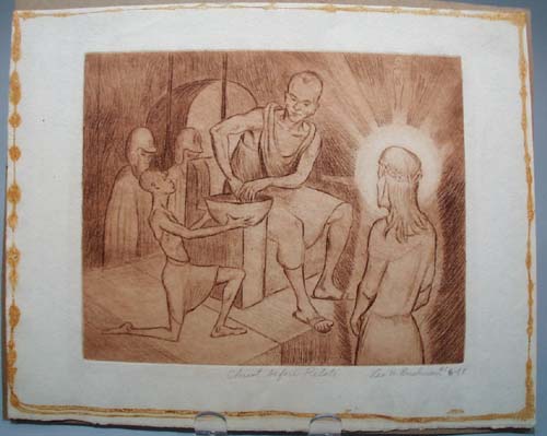 Christ before Pilate, 1941 Wood Block by Leo N. Bushman. Signed and numbered 6 of 8. Wood block is highly detailed, brown tone ink, and in mint condition. It has a ring of glue around outside edge where a matt was glued at one time and will be again whe