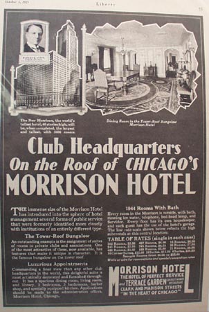 Morrison Hotel Club Headquarters Ad 1929