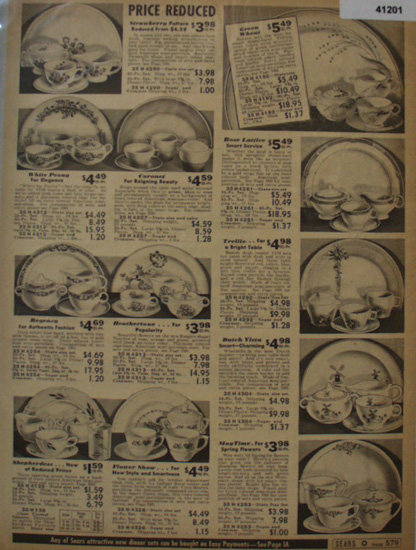 Sears Dinnerwear 1938 Ad featuring dinnerware patterns