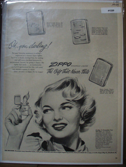 Zippo Windproof Lighter 1949 Ad with valentines inscription