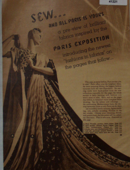 Sears Fabric 1938 Ad features Paris exhibition