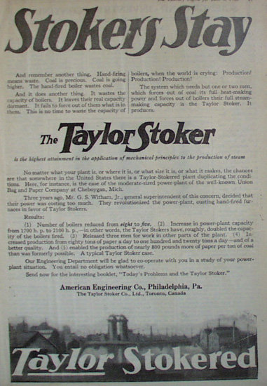 Taylor Engineering Co. Stoker 1920 Ad