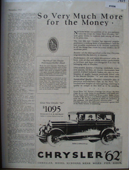 Chrysler 62 Model Number Means M.P.H. 1927 Ad