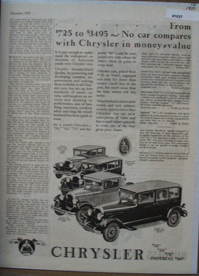 Chrysler Cars 1927 Ad