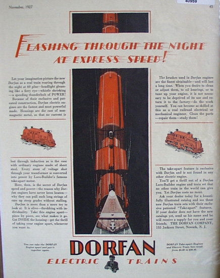 Dorfan Electric Trains 1927 Ad express speed
