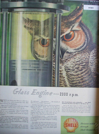 Shell Oil Glass Engine 1946 Ad owl