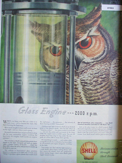 Shell Oil Glass Engine 1946 Ad owl