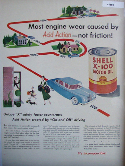 Shell X 100 Motor Oil Acid Action 1949 Ad blue car