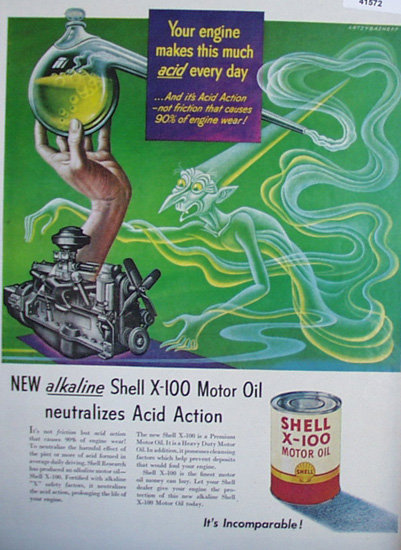 Shell X 100 Alkaline Motor Oil 1951 Ad acid attacks engine