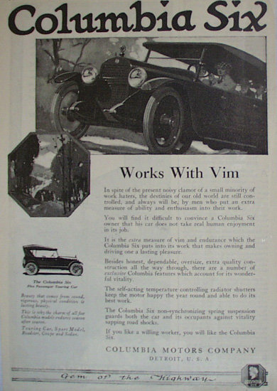 Columbia Six Automobile 1920 Ad.