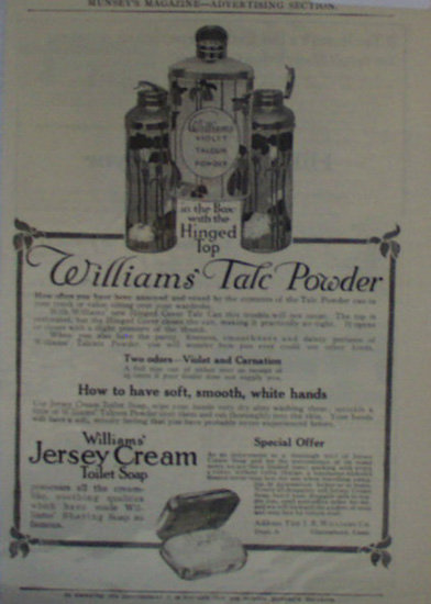 The J. B.Williams Co. Soap And Talcum Powder 1907 To 1912 Ad.